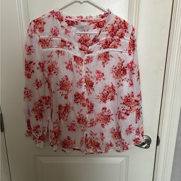 LOFT Tops - LOFT White and Coral Cream Ruffled Bib Collar Blouse